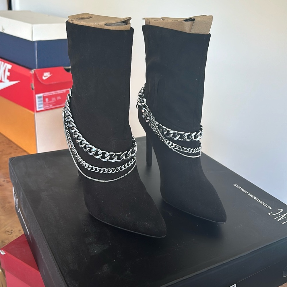 INC suede boots with removable chain